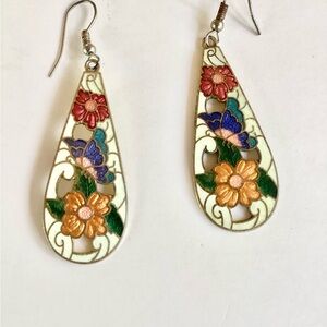 Earrings Cloisone’ Pierced Metallic Floral ButterFly Cream Red Orange Blue